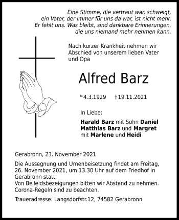 Traueranzeige von Alfred Barz von Hohenloher Tagblatt