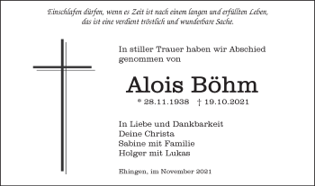 Traueranzeige von Alois Böhm von SÜDWEST PRESSE Ausgabe Ulm/Neu-Ulm