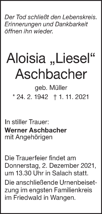 Traueranzeige von Aloisia  Aschbacher von NWZ Neue Württembergische Zeitung