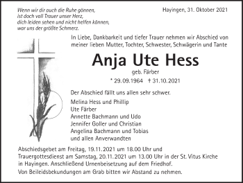 Traueranzeige von Anja Ute Hess von Alb-Bote/Metzinger-Uracher Volksblatt