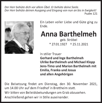 Traueranzeige von Anna Barthelmeh von Hohenloher Tagblatt