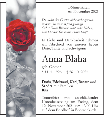 Traueranzeige von Anna Blaha von Geislinger Zeitung