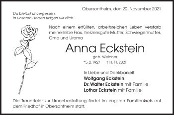 Traueranzeige von Anna Eckstein von Haller Tagblatt