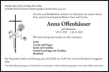 Traueranzeige von Anna Offenhäuser von Hohenloher Tagblatt