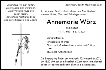 Traueranzeige von Annemarie Wörz von Alb-Bote/Metzinger-Uracher Volksblatt