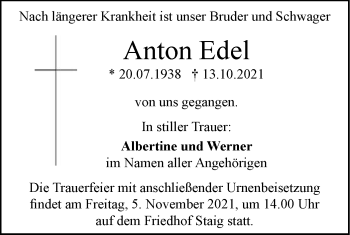 Traueranzeige von Anton Edel von SÜDWEST PRESSE Ausgabe Ulm/Neu-Ulm