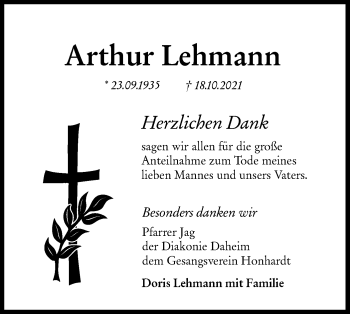 Traueranzeige von Arthur Lehmann von Hohenloher Tagblatt