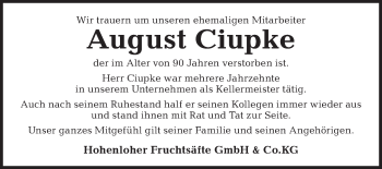 Traueranzeige von August Ciupke von Haller Tagblatt