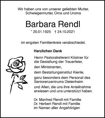 Traueranzeige von Barbara Rendl von Illertal Bote