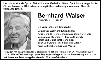 Traueranzeige von Bernhard Walser von SÜDWEST PRESSE Ausgabe Ulm/Neu-Ulm