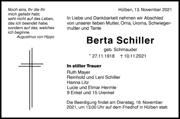 Traueranzeige von Berta Schiller von Metzinger-Uracher Volksblatt