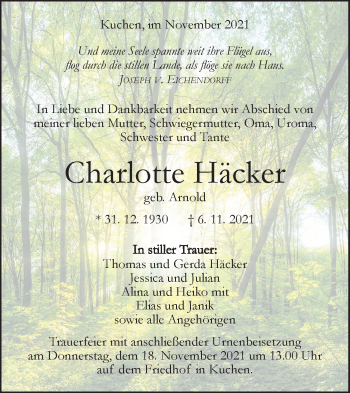 Traueranzeige von Charlotte Häcker von Geislinger Zeitung