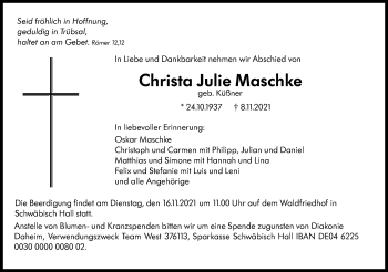 Traueranzeige von Christa Julie Maschke von Haller Tagblatt