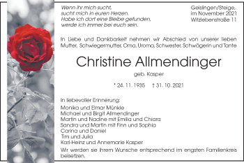 Traueranzeige von Christine Allmendinger von Geislinger Zeitung