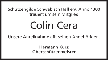 Traueranzeige von Colin Cera von Haller Tagblatt