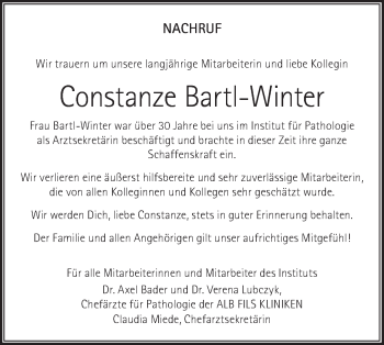 Traueranzeige von Constanze Bartl-Winter von NWZ Neue Württembergische Zeitung