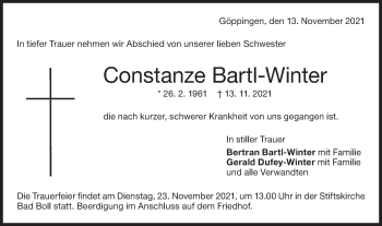 Traueranzeige von Constanze Bartl-Winter von NWZ Neue Württembergische Zeitung