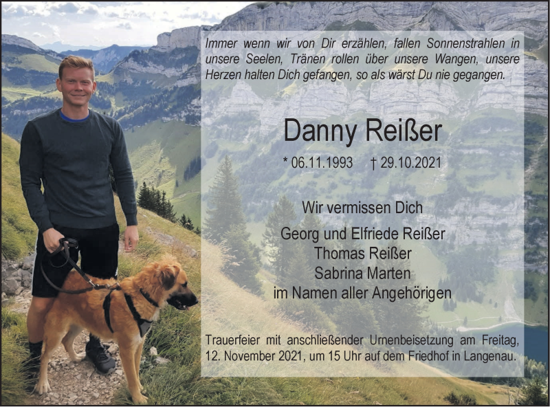  Traueranzeige für Danny Reißer vom 09.11.2021 aus SÜDWEST PRESSE Ausgabe Ulm/Neu-Ulm