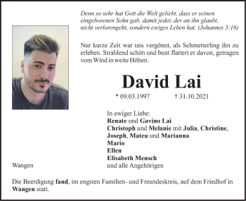 Traueranzeige von David Lai von Illertal Bote