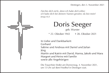 Traueranzeige von Doris Seeger von Metzinger-Uracher Volksblatt