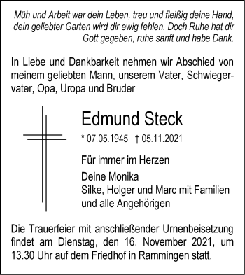 Traueranzeige von Edmund Steck von SÜDWEST PRESSE Ausgabe Ulm/Neu-Ulm