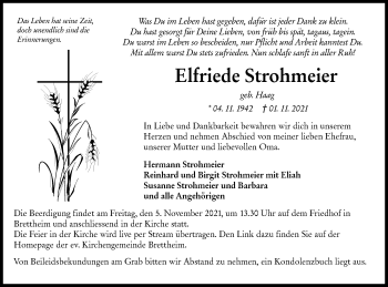 Traueranzeige von Elfriede Strohmeier von Hohenloher Tagblatt