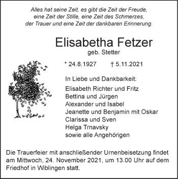 Traueranzeige von Elisabetha Fetzer von SÜDWEST PRESSE Ausgabe Ulm/Neu-Ulm