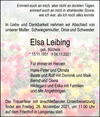 Traueranzeige von Elsa Leibing von SÜDWEST PRESSE Ausgabe Ulm/Neu-Ulm