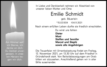 Traueranzeige von Emilie Schmidt von Hohenloher Tagblatt