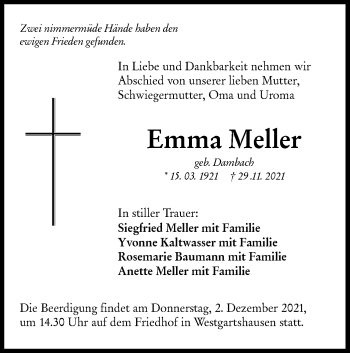 Traueranzeige von Emma Meller von Hohenloher Tagblatt