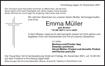 Traueranzeige von Emma Müller von Hohenloher Tagblatt