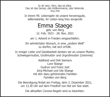 Traueranzeige von Emma Staege von Hohenloher Tagblatt