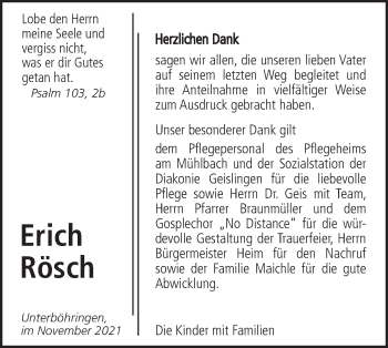 Traueranzeige von Erich Rösch von Geislinger Zeitung