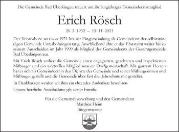 Traueranzeige von Erich Rösch von Geislinger Zeitung