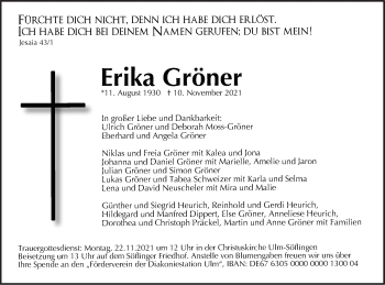 Traueranzeige von Erika Gröner von SÜDWEST PRESSE Ausgabe Ulm/Neu-Ulm