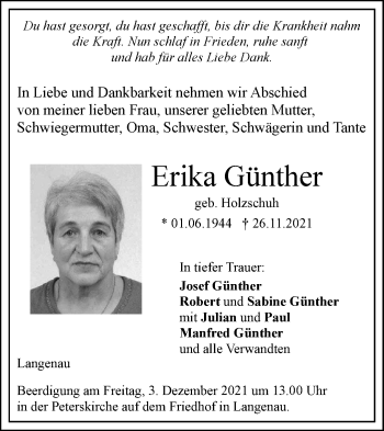 Traueranzeige von Erika Günther von SÜDWEST PRESSE Ausgabe Ulm/Neu-Ulm