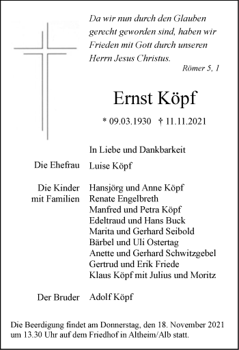 Traueranzeige von Ernst Köpf von SÜDWEST PRESSE Ausgabe Ulm/Neu-Ulm