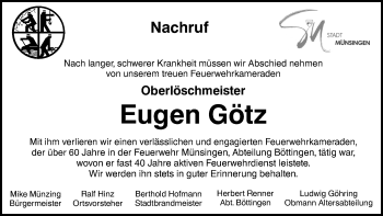 Traueranzeige von Eugen Götz von Alb-Bote/Metzinger-Uracher Volksblatt