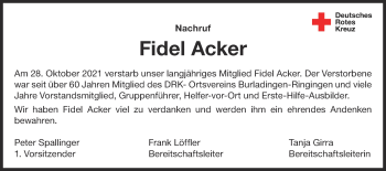 Traueranzeige von Fidel Acker von Metzinger-Uracher Volksblatt