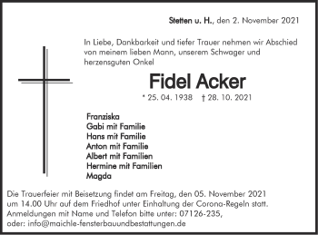 Traueranzeige von Fidel Acker von Metzinger-Uracher Volksblatt