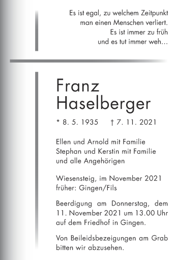 Traueranzeige von Franz Haselberger von Geislinger Zeitung