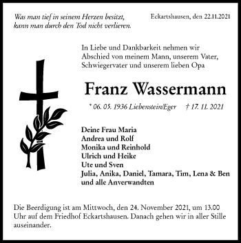 Traueranzeige von Franz Wassermann von Haller Tagblatt