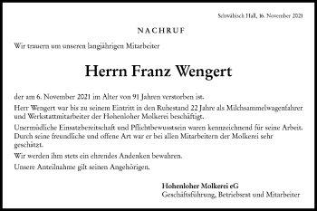 Traueranzeige von Franz Wengert von Haller Tagblatt