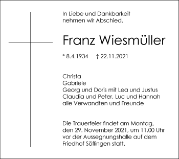 Traueranzeige von Franz Wiesmüller von SÜDWEST PRESSE Ausgabe Ulm/Neu-Ulm