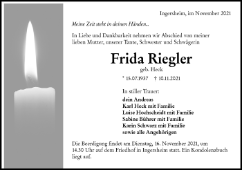 Traueranzeige von Frida Riegler von Hohenloher Tagblatt