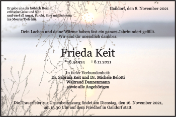 Traueranzeige von Frieda Keit von Rundschau Gaildorf