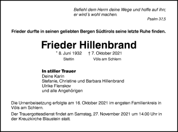 Traueranzeige von Frieder Hillenbrand von SÜDWEST PRESSE Ausgabe Ulm/Neu-Ulm