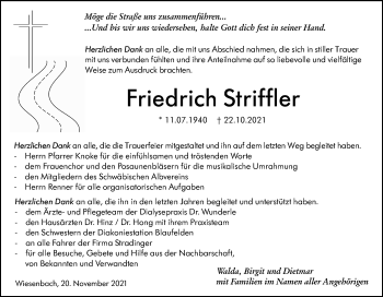 Traueranzeige von Friedrich Striffler von Hohenloher Tagblatt