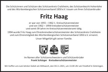 Traueranzeige von Fritz Haag von Hohenloher Tagblatt