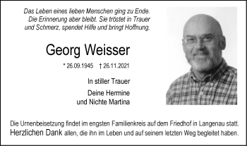 Traueranzeige von Georg Weisser von SÜDWEST PRESSE Ausgabe Ulm/Neu-Ulm